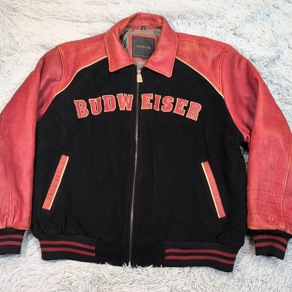 Vintage Budweiser Jacket Mens XL Black Leather Wool‎ Blend Varsity Coat Pockets